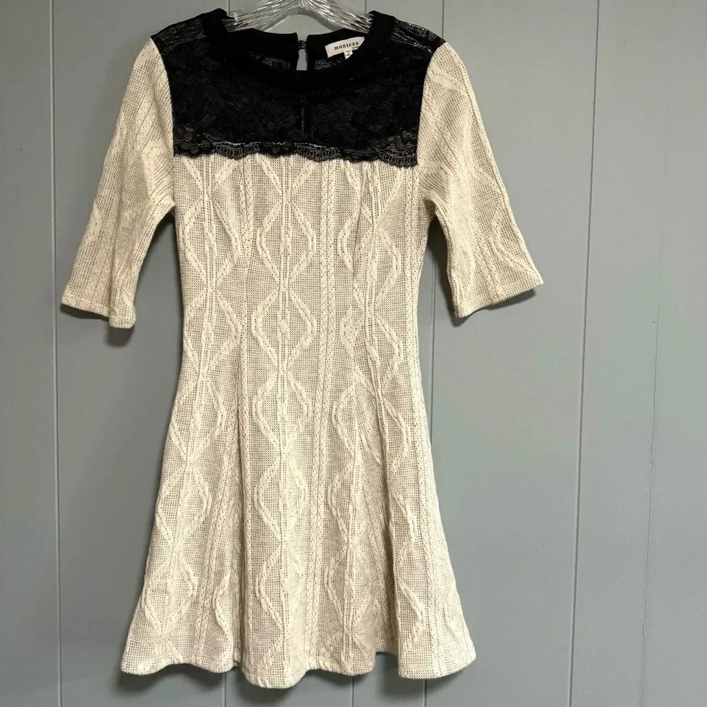 MONTEAU Cream Texture Dress Black Lace Neckline Buttons Elbow Sleeve Size Medium